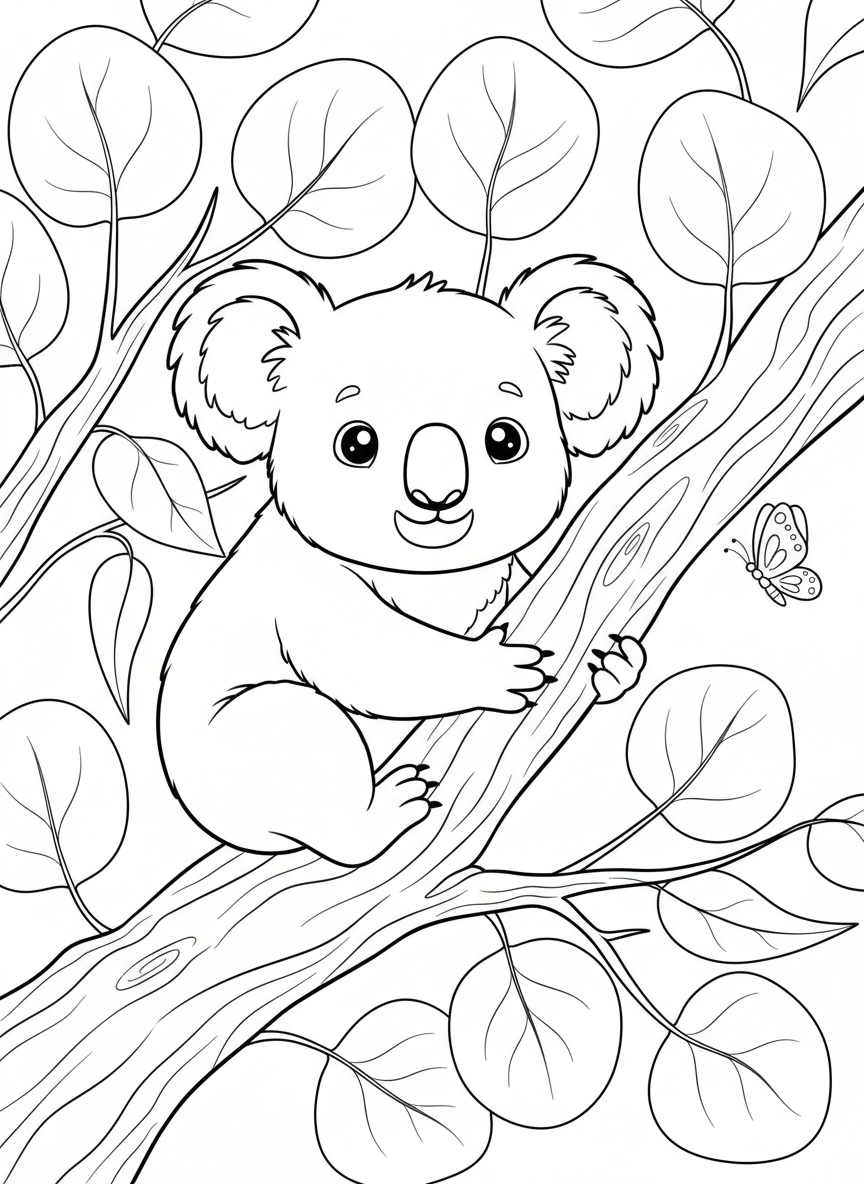 Cute Koala on Eucalyptus Branch Kids Coloring Page - Koala Coloring Page featuring Nature and Children - Free Printable Outline Drawing for Kids