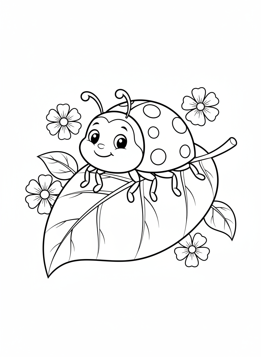 Joaninha Fofa na Folha: Página para Colorir Infantil - Joaninha Desenho para Colorir com Natureza e Joaninha - Desenho de Contorno Grátis Imprimível