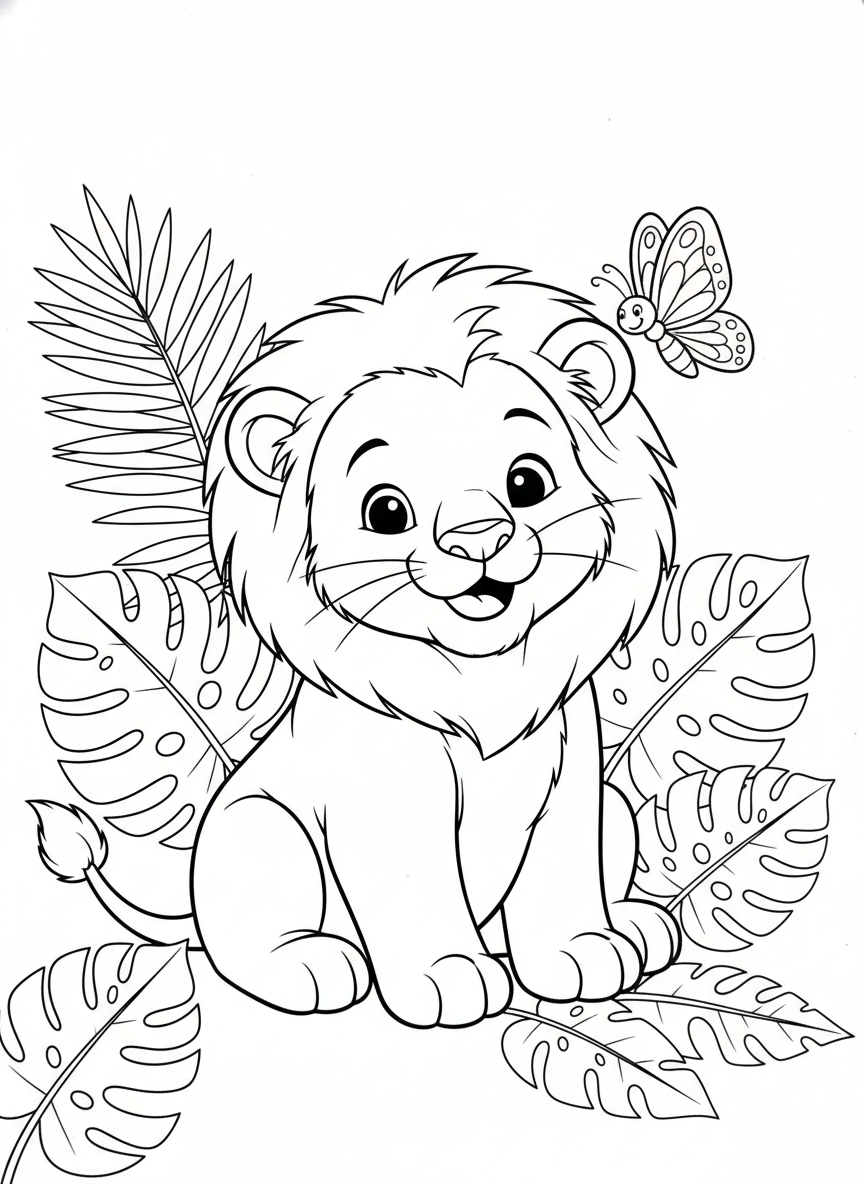 Página de Colorir de Leãozinho Fofo: Uma Aventura Tropical para Crianças 5-8 - Leão Desenho para Colorir com Crianças e Fofo - Desenho de Contorno Grátis Imprimível