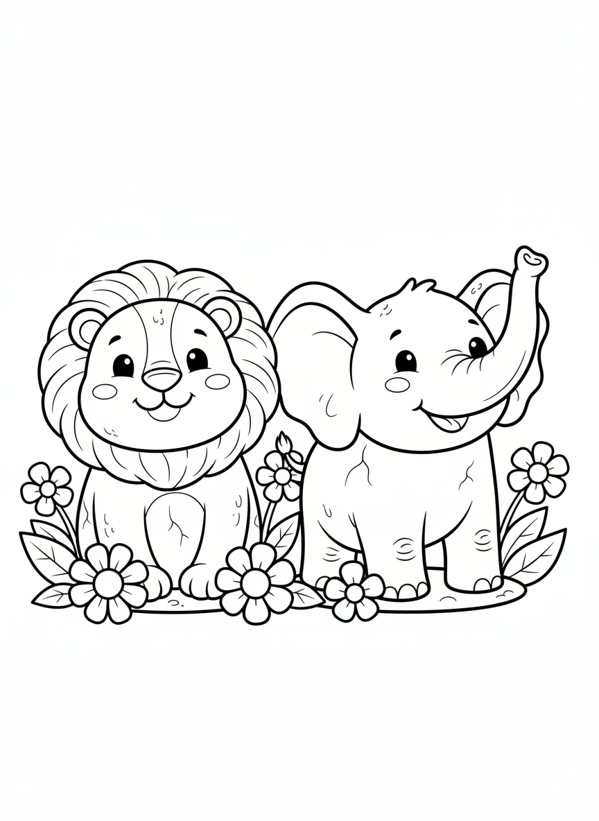 Cute Lion & Elephant Sculpture Coloring Page - Friends Coloring Page featuring Cute and Children - Free Printable Outline Drawing for Kids