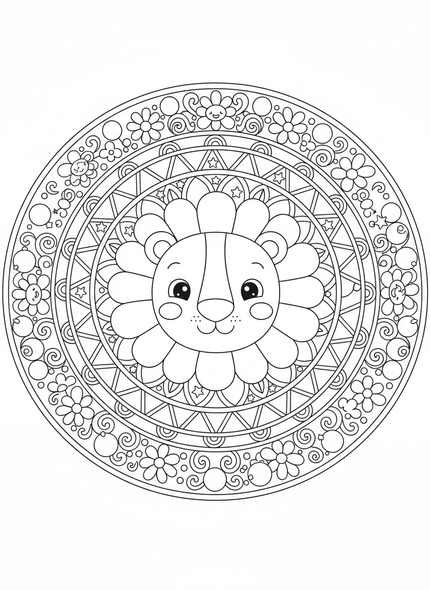 かわいいライオンのマンダラ塗り絵 - ライオン ぬりえページ かわいい動物とライオンの顔 - 無料印刷可能な輪郭画