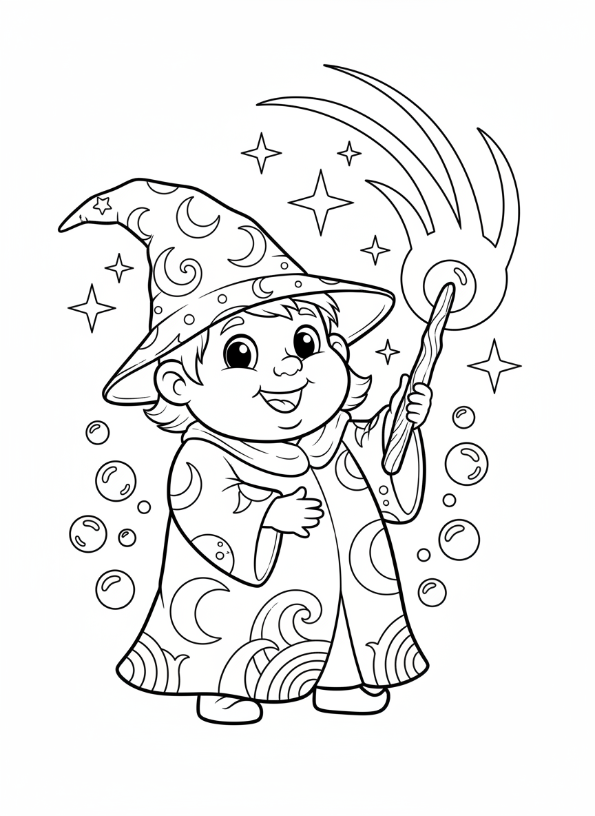 Cute Little Wizard Casting a Spell Coloring Page - Wizard Coloring Page featuring Fantasy and Magic - Free Printable Outline Drawing for Kids