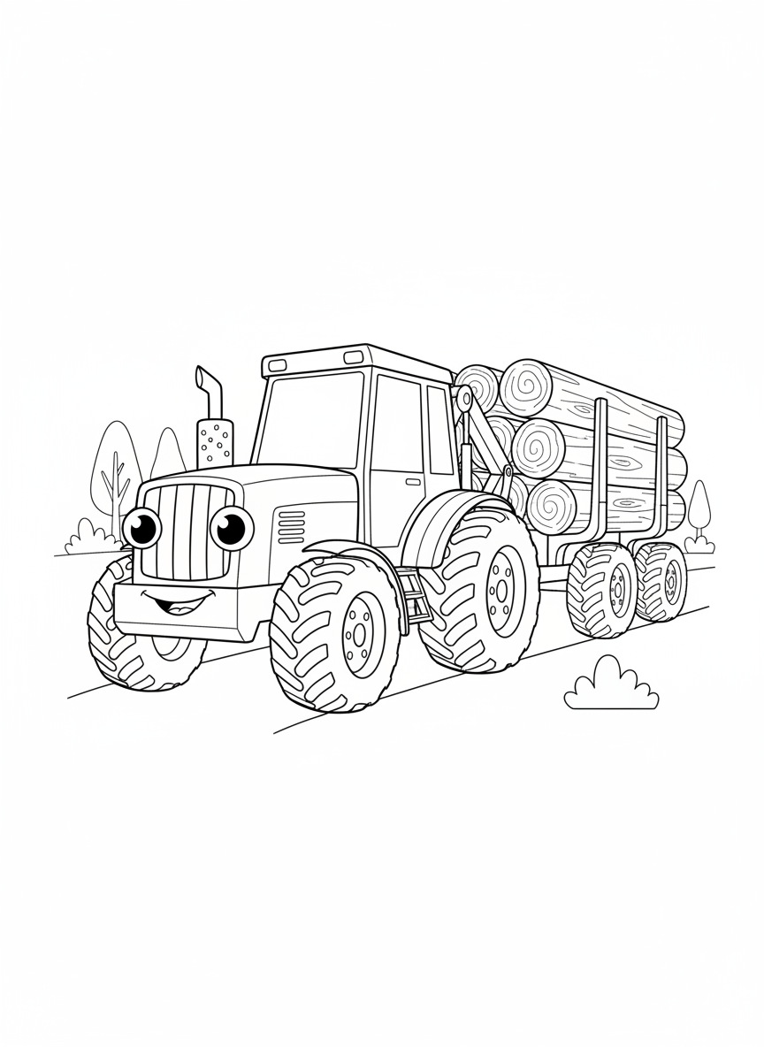 Cute Logging Tractor Fun Coloring Page for Kids - Construction Vehicle Coloring Page featuring Tractor and Cute Cartoon - Free Printable Outline Drawing for Kids