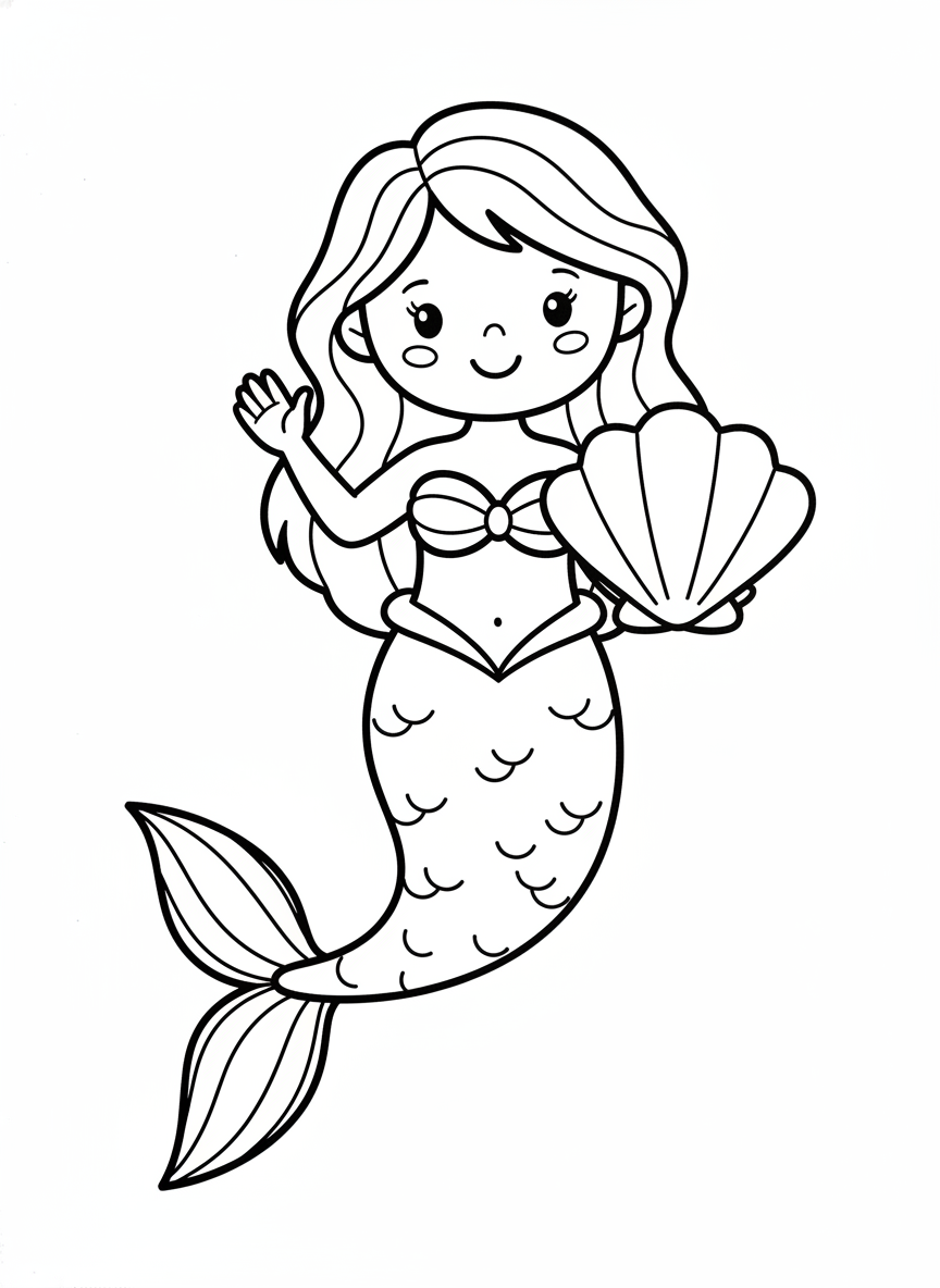 Cute Mermaid Smiling & Waving with Seashell - Kids Coloring Page - Mermaid Coloring Page featuring Easy to Color and Cute - Free Printable Outline Drawing for Kids