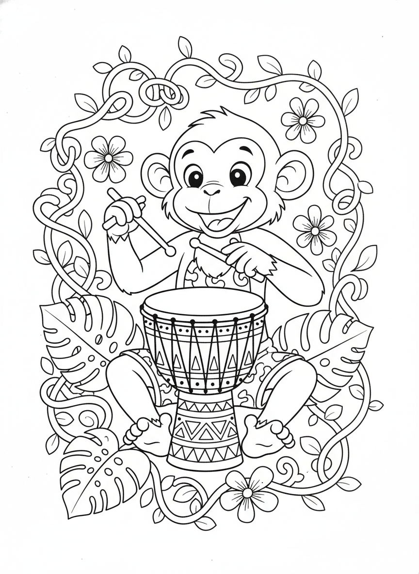 Cute Monkey Drummer Coloring Page for Kids 5-8 - Monkey Coloring Page featuring Children and Cute - Free Printable Outline Drawing for Kids