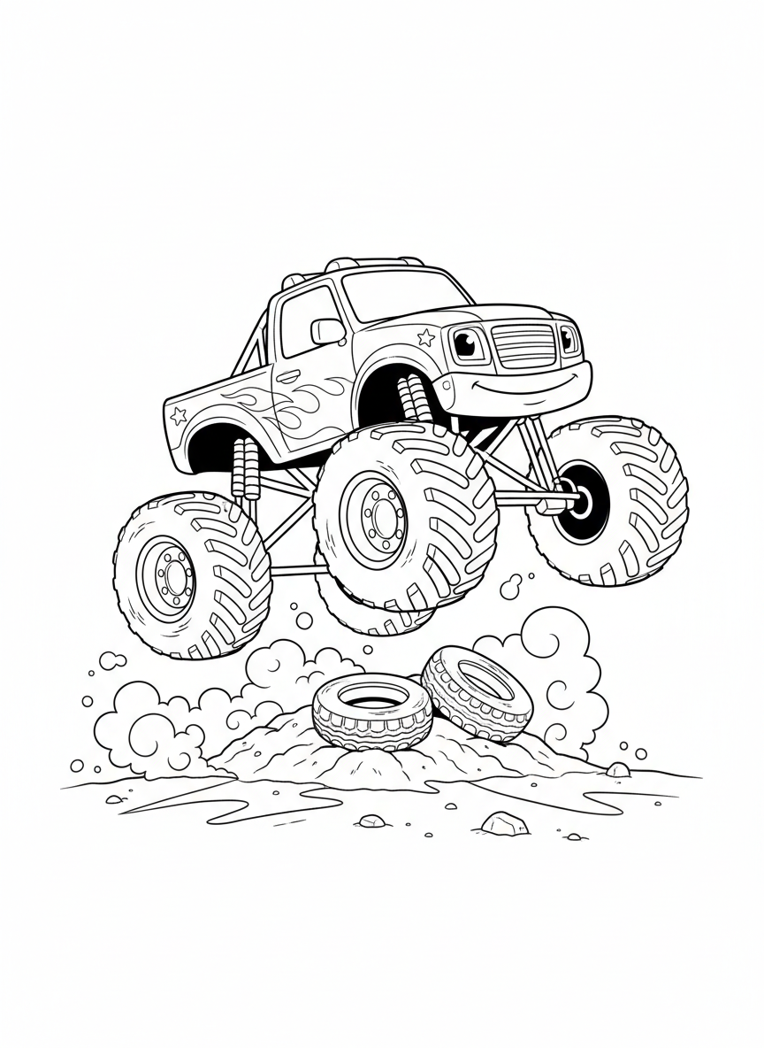 Cute Monster Truck Jumping Fun Coloring Page - Truck Coloring Page featuring Monster Truck and Jumping - Free Printable Outline Drawing for Kids