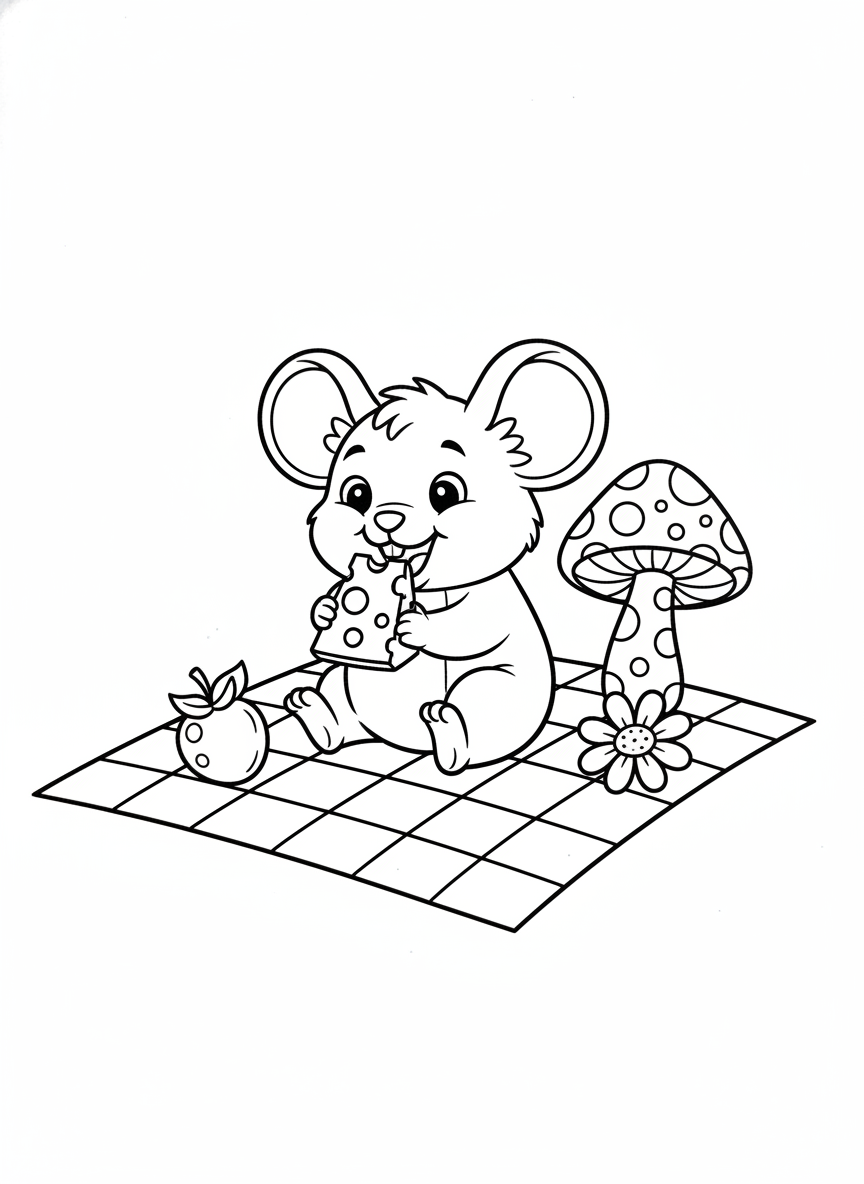 Cute Mouse Picnic Coloring Page for Kids - Mouse Coloring Page featuring Easy to Color and Picnic - Free Printable Outline Drawing for Kids