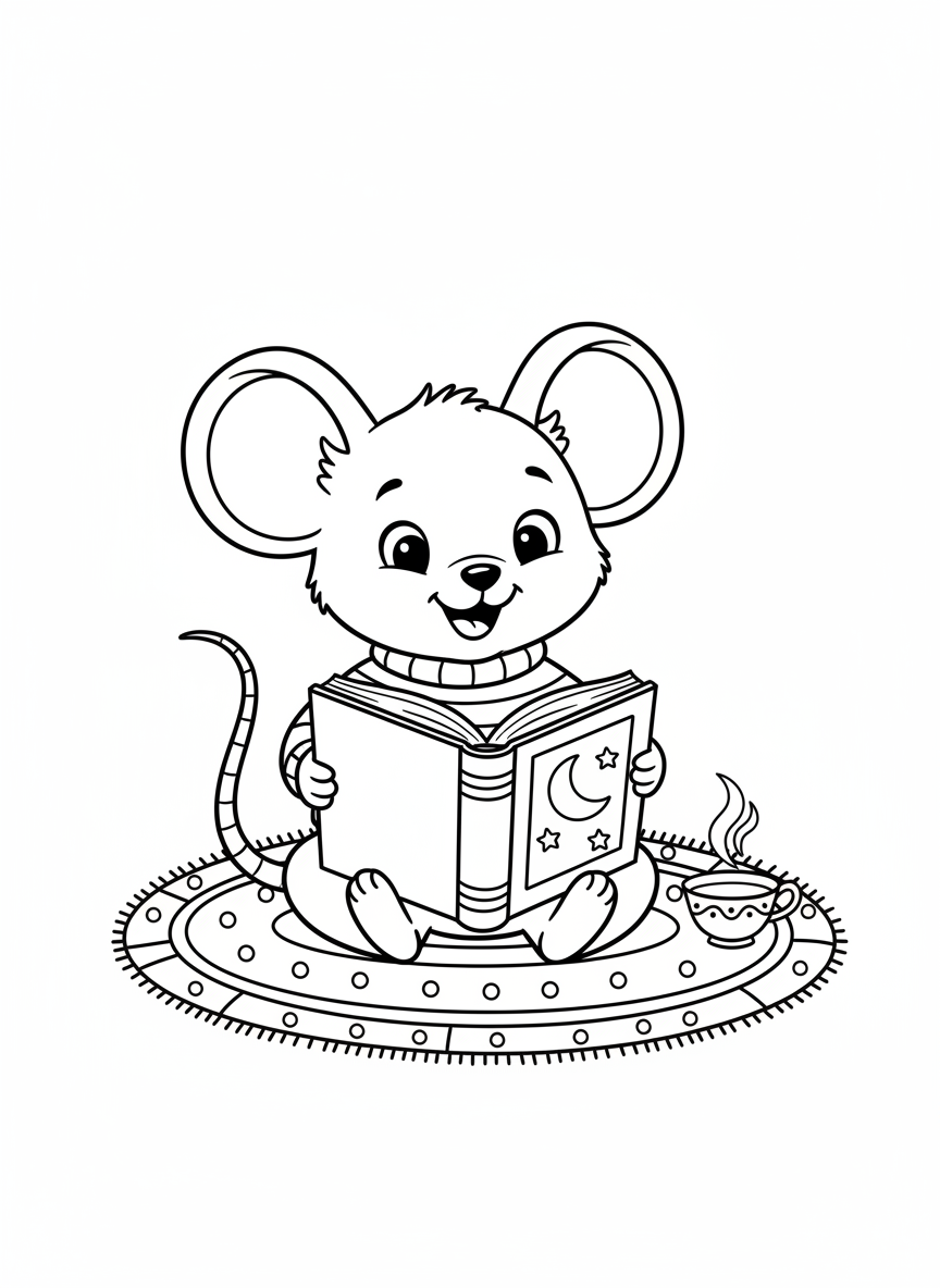 Cute Mouse Reading Adventure: A Kids' Coloring Page - Mouse Coloring Page featuring Children and Cute - Free Printable Outline Drawing for Kids
