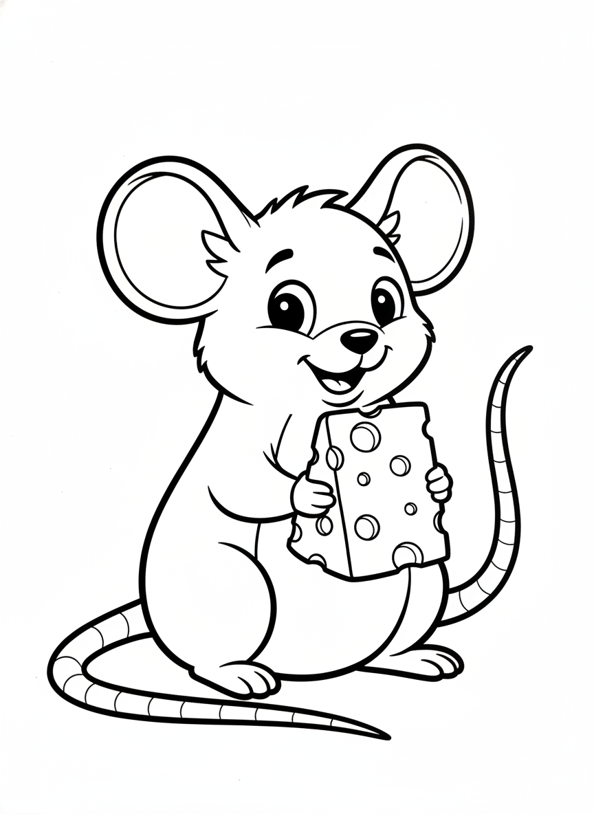 Ratón Amigable con Queso Página para Colorear - Ratón Dibujo para Colorear con Fácil de colorear y Niños - Dibujo de Contorno Gratis Imprimible