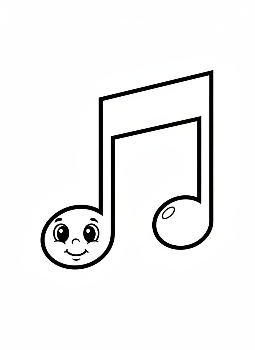 Adorable Nota Musical para Colorear Niños - Nota Musical Dibujo para Colorear con Feliz y Niños - Dibujo de Contorno Gratis Imprimible