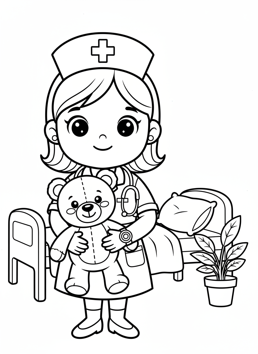 Cute Nurse with Teddy Bear Coloring Page for Kids - Occupation Coloring Page featuring Children and Cute - Free Printable Outline Drawing for Kids