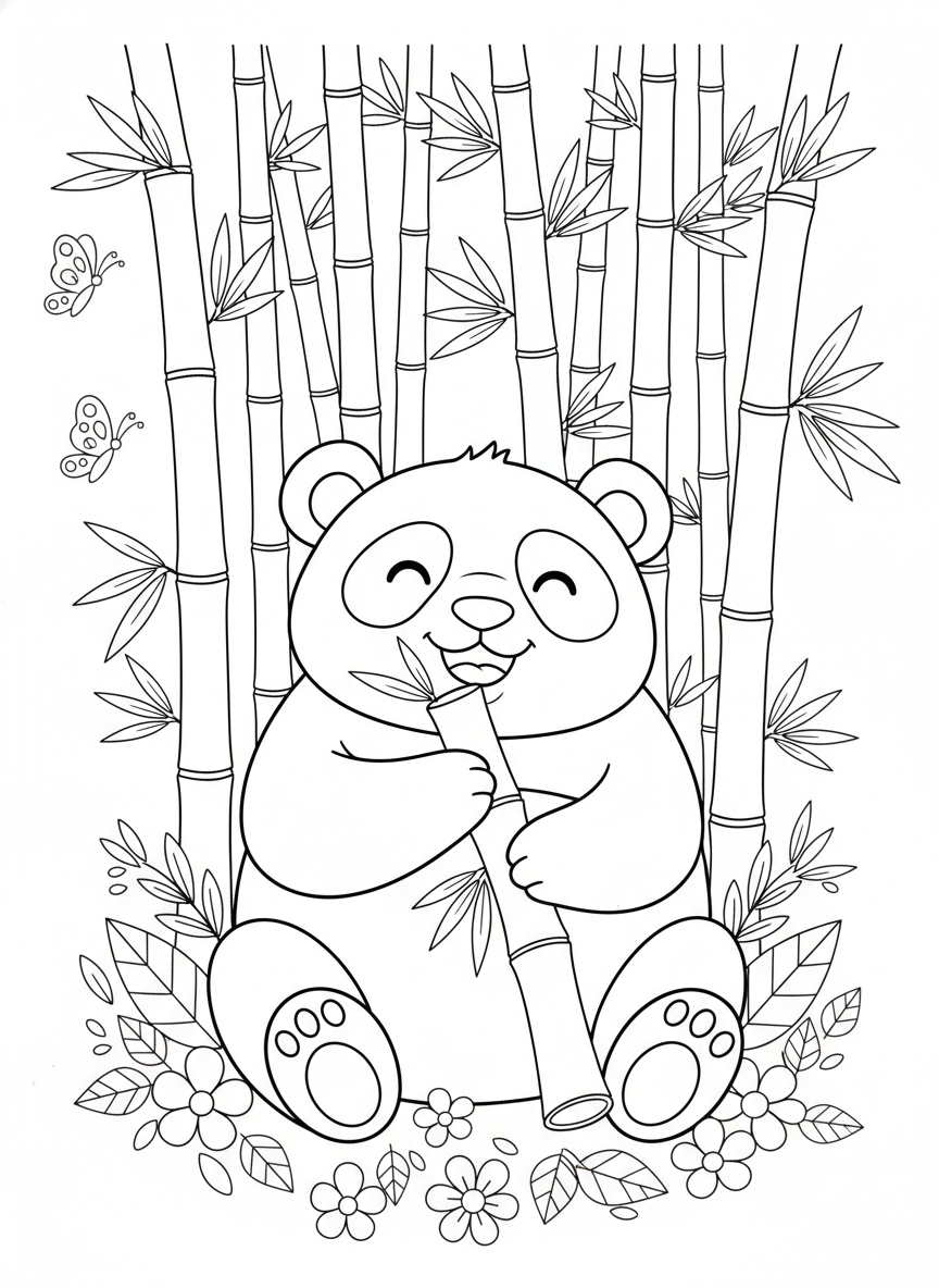 Cute Panda in Bamboo Forest Coloring Page for Kids - Bear Coloring Page featuring Cute and Children - Free Printable Outline Drawing for Kids