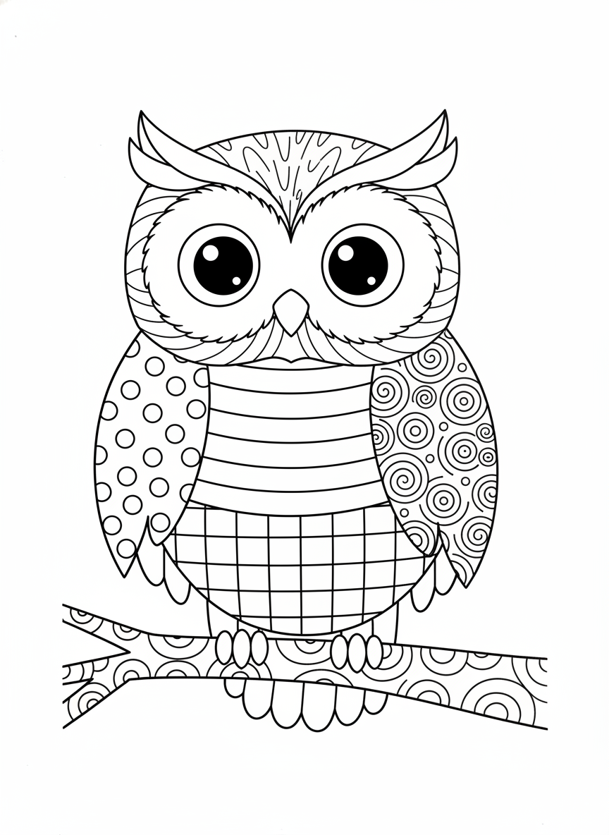 Cute Patterned Owl Coloring Page for Kids 🦉 - Owl Coloring Page featuring Cute and Children - Free Printable Outline Drawing for Kids