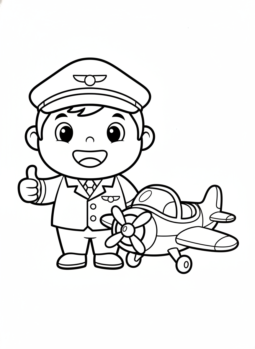 Coloriage Pilote & Avion Mignons pour Enfants 3-5 Ans - Avion Coloriage avec Enfants et Mignon - Dessin au Trait Gratuit Imprimable