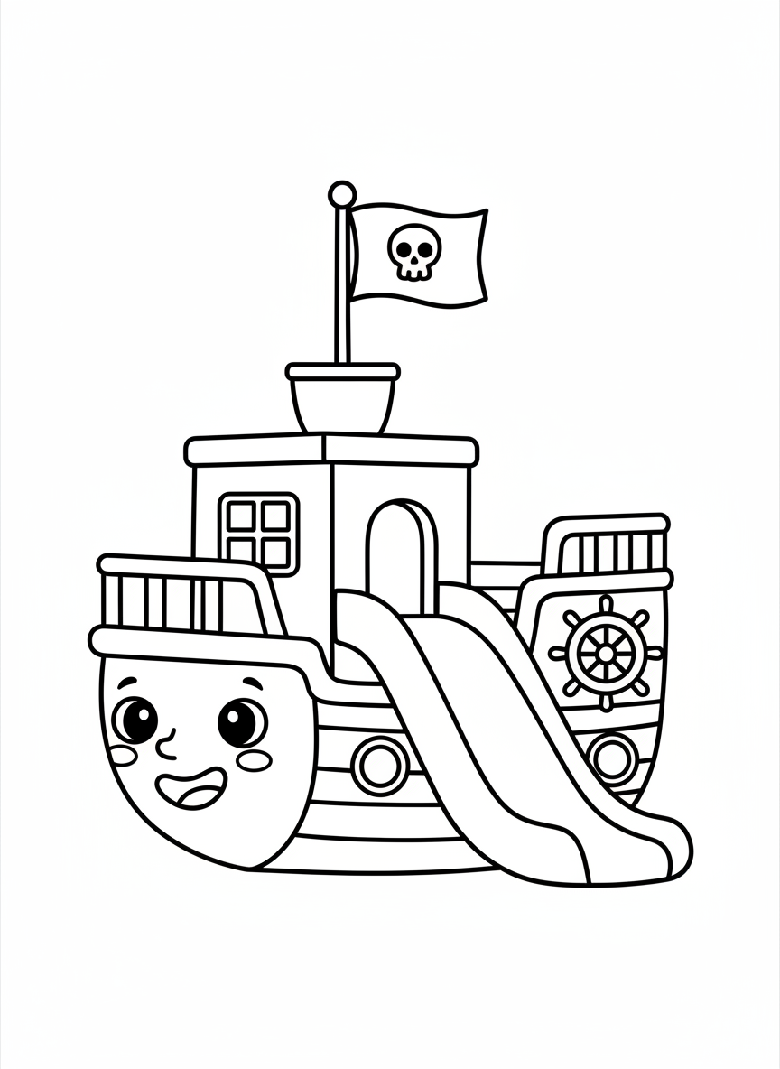 Cute Pirate Ship Slide Coloring Page for Kids - Pirate Coloring Page featuring Children and Cute - Free Printable Outline Drawing for Kids