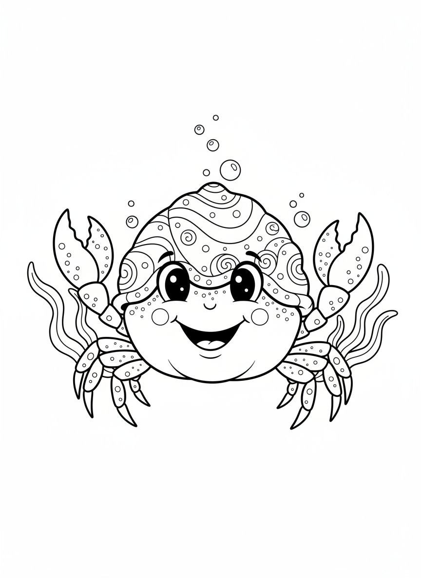 Cute Playful Crab in a Whimsical Shell Coloring Page for Kids - Crab Coloring Page featuring Ocean and Cute - Free Printable Outline Drawing for Kids