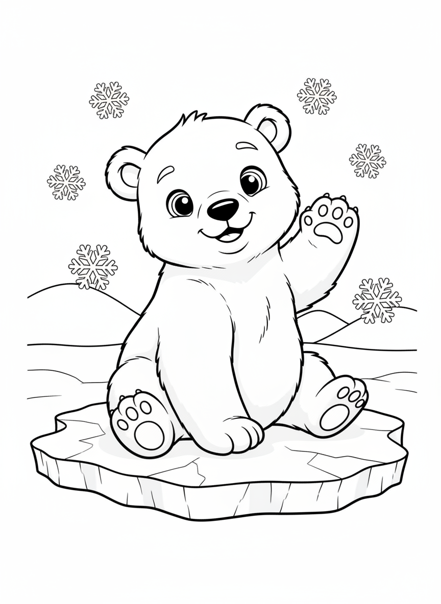 Cute Polar Bear Cub Waving Hello Coloring Page - Bear Coloring Page featuring Children and Cute - Free Printable Outline Drawing for Kids