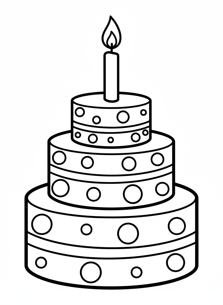 Cute Polka Dot Birthday Cake Coloring Page for Kids - Birthday Coloring Page featuring Children and Cute - Free Printable Outline Drawing for Kids