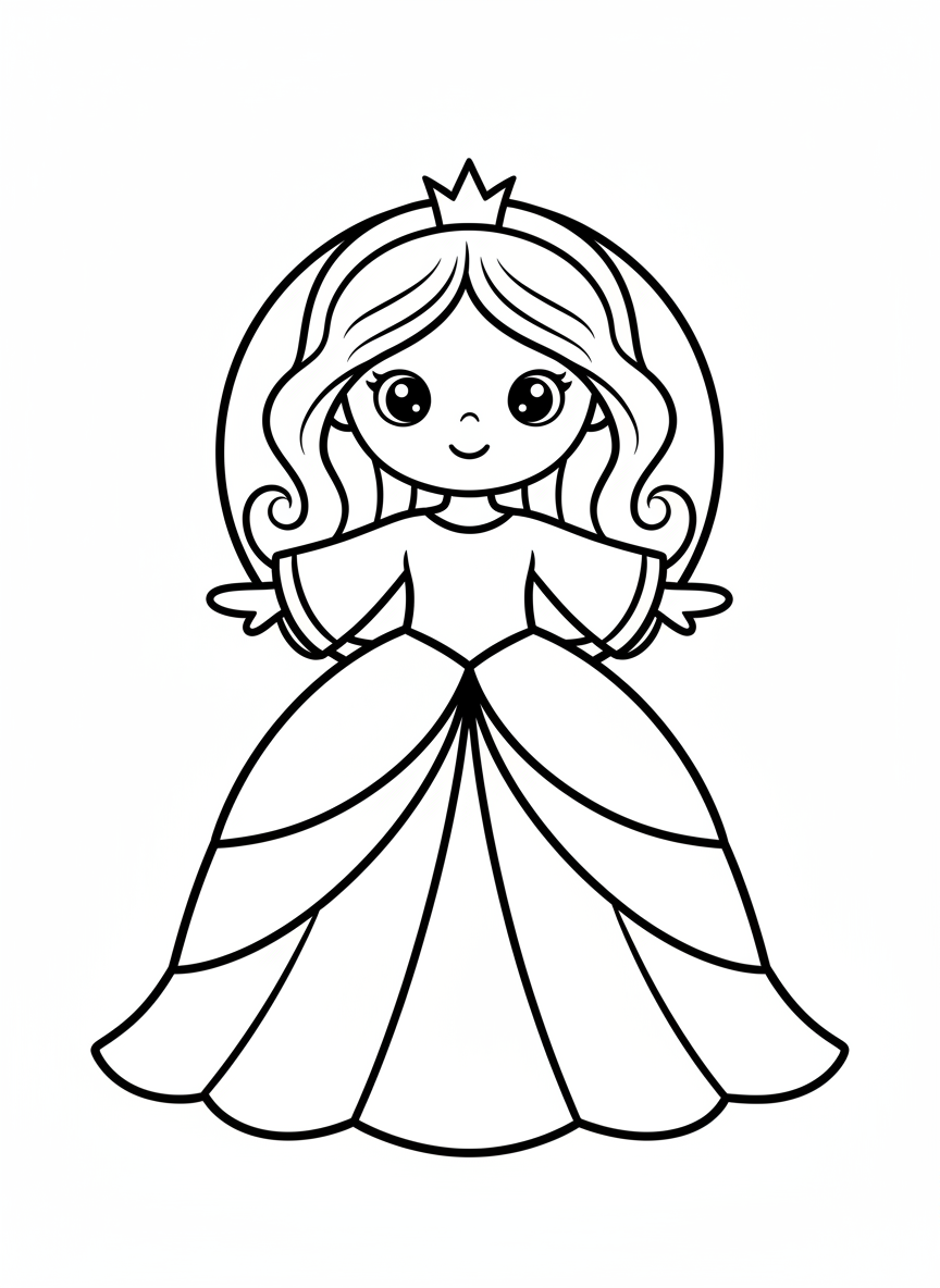 Cute Princess Coloring Page for Kids 3-5 - Princess Coloring Page featuring Happy and Children - Free Printable Outline Drawing for Kids