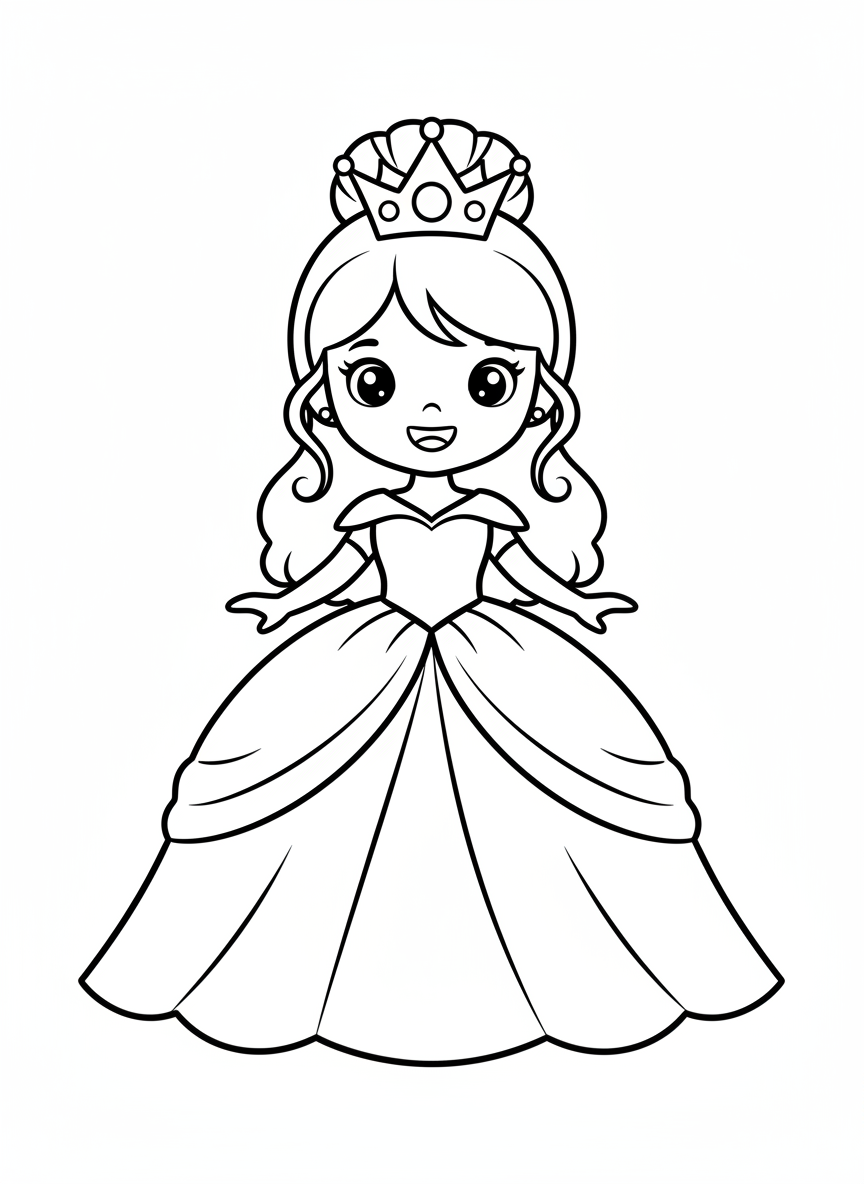 Cute Princess Coloring Page for Toddlers and Preschoolers - Princess Coloring Page featuring Cute and Princess - Free Printable Outline Drawing for Kids
