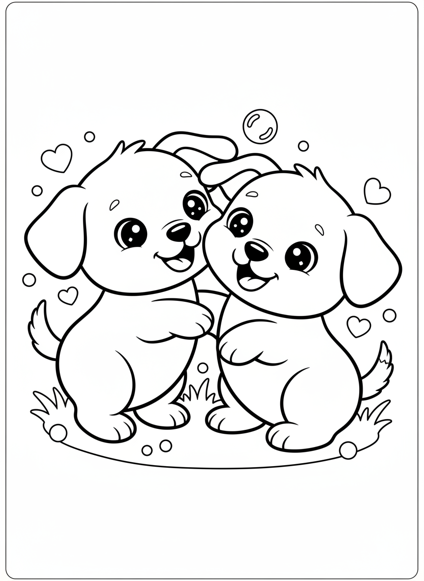 Cute Puppies Playing: Kawaii Coloring Page for Kids - Dog Coloring Page featuring Children and Cute - Free Printable Outline Drawing for Kids