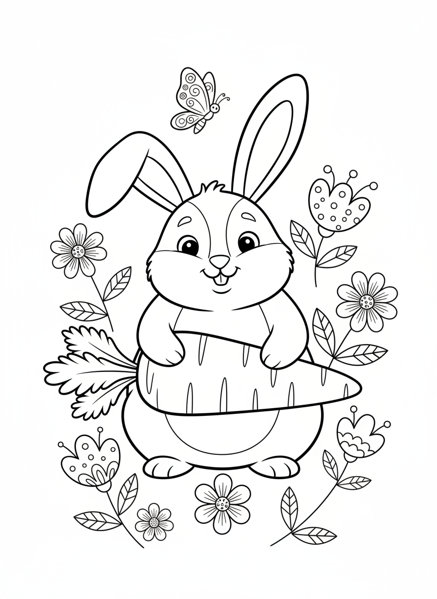 かわいいウサギと不思議な庭のぬりえ - ウサギ ぬりえページ 子供とかわいい - 無料印刷可能な輪郭画
