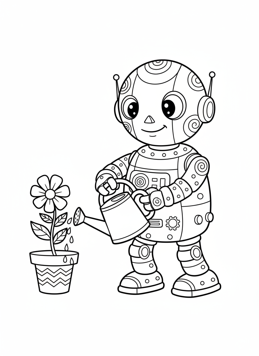 Cute Robot Gardener with Potted Plant Coloring Page - Robot Coloring Page featuring Cute and Children - Free Printable Outline Drawing for Kids