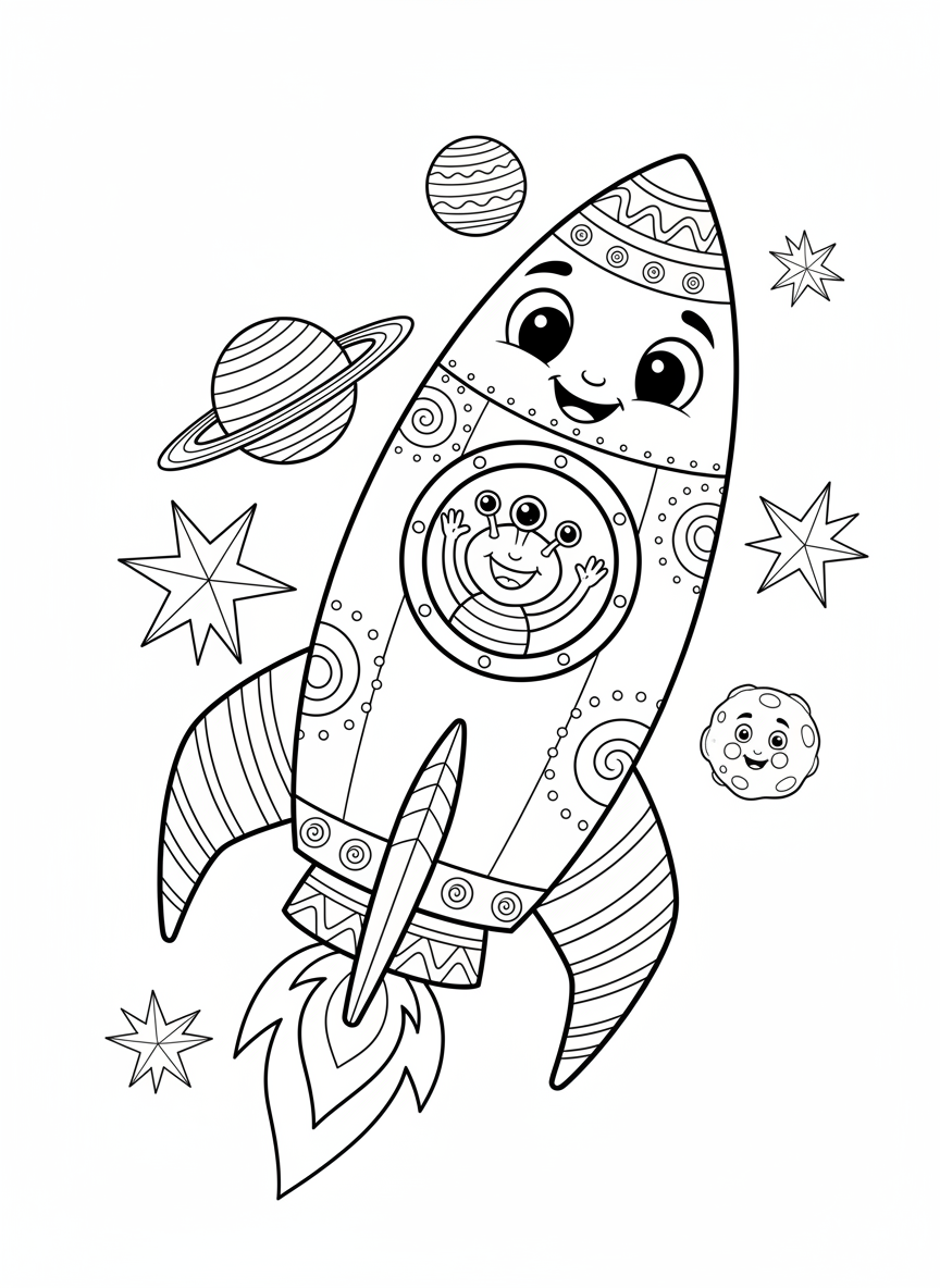Cute Rocket & Alien Space Adventure Coloring Page for Kids - Space & Planet Coloring Page featuring Children and Cute - Free Printable Outline Drawing for Kids