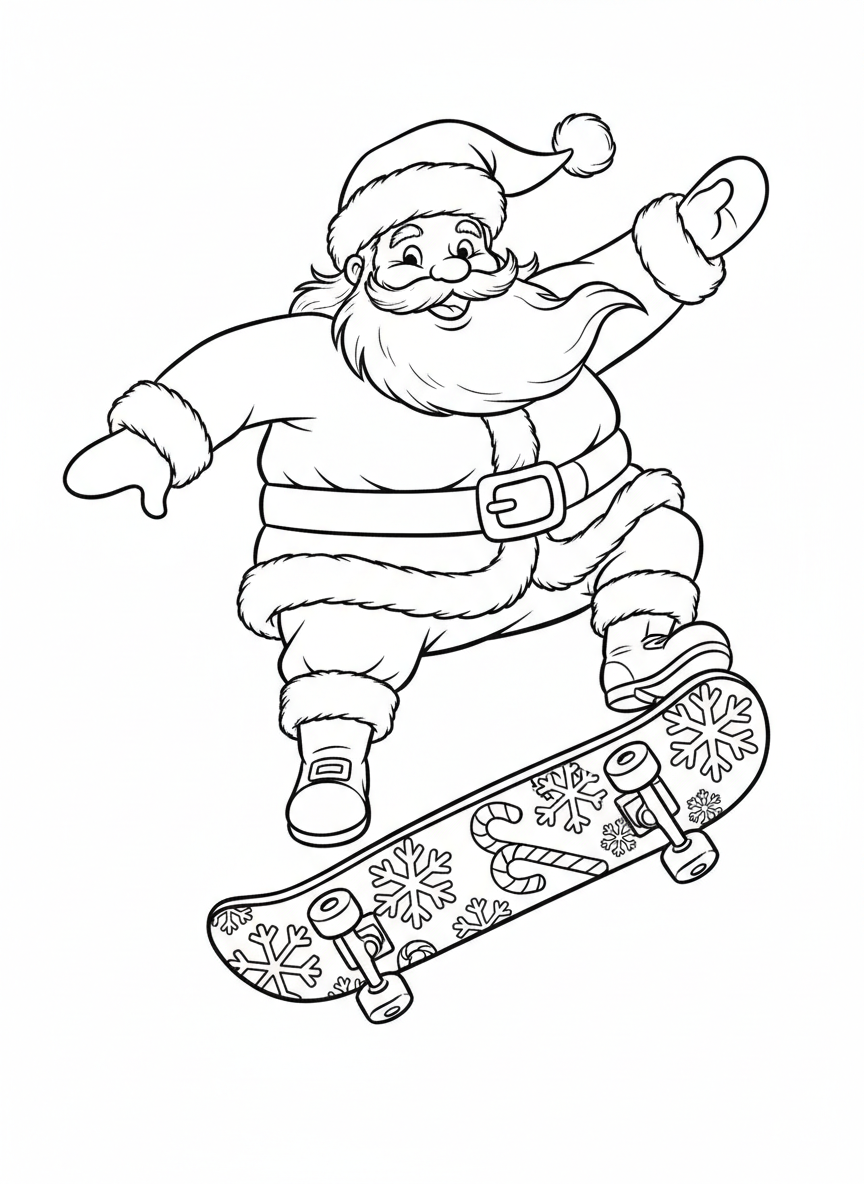 Cute Santa Skateboard Jump Coloring Page for Kids - Christmas Coloring Page featuring Christmas and Cute - Free Printable Outline Drawing for Kids