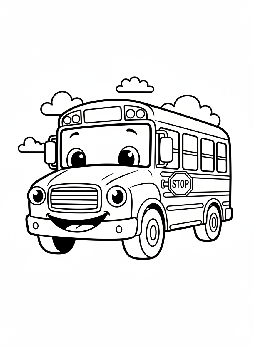 Süßes Schulbus Malbild für Kinder - Schulbus Malvorlage mit Kinder und Niedlich - Kostenlose Druckbare Umrisszeichnung