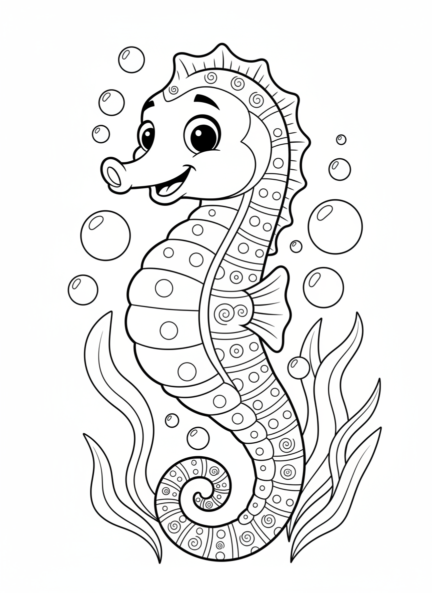 Cute Seahorse & Seaweed Coloring Page for Kids 5-8 - Ocean Animal Coloring Page featuring Ocean and Easy to Color - Free Printable Outline Drawing for Kids