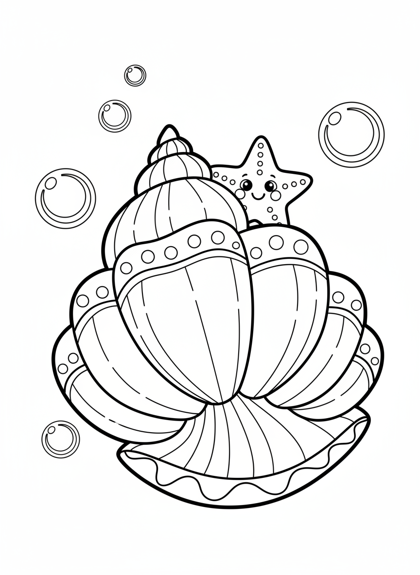 かわいい貝殻とヒトデのぬりえ（子供向け） - 海の動物 ぬりえページ 海とかわいい - 無料印刷可能な輪郭画