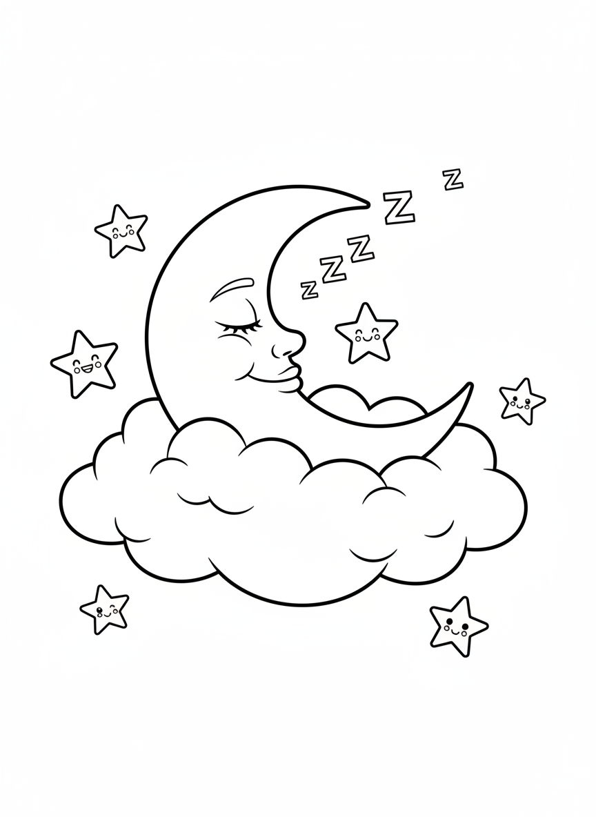 Cute Sleepy Moon & Twinkling Stars Coloring Page for Kids - Space & Planet Coloring Page featuring Children and Cute - Free Printable Outline Drawing for Kids