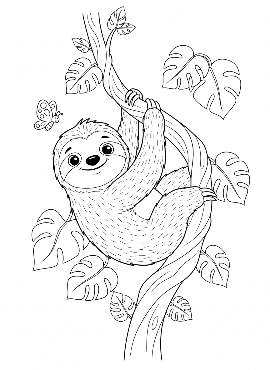 Cute Sloth Hanging from Vine Coloring Page for Kids - Sloth Coloring Page featuring Children and Cute - Free Printable Outline Drawing for Kids