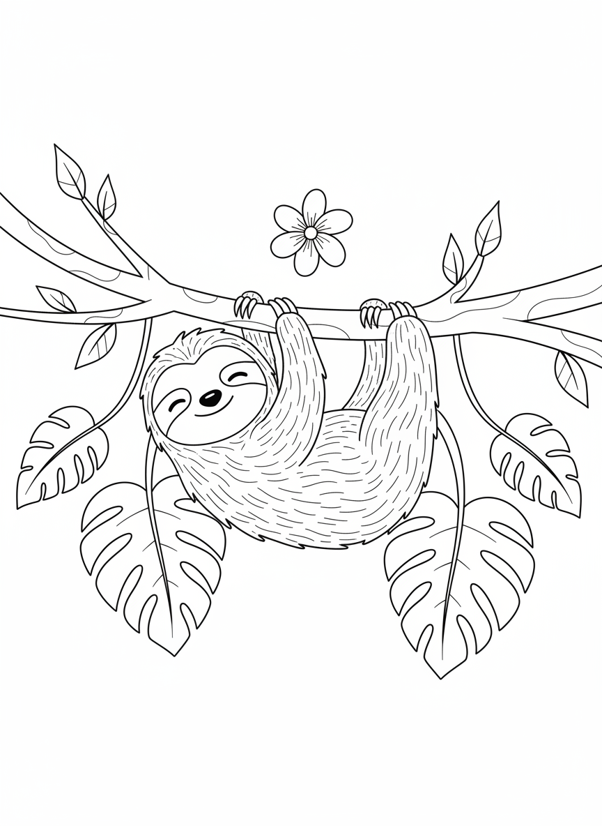 Cute Sloth Hanging on Vine Coloring Page for Kids - Sloth Coloring Page featuring Jungle and Cute Animals - Free Printable Outline Drawing for Kids