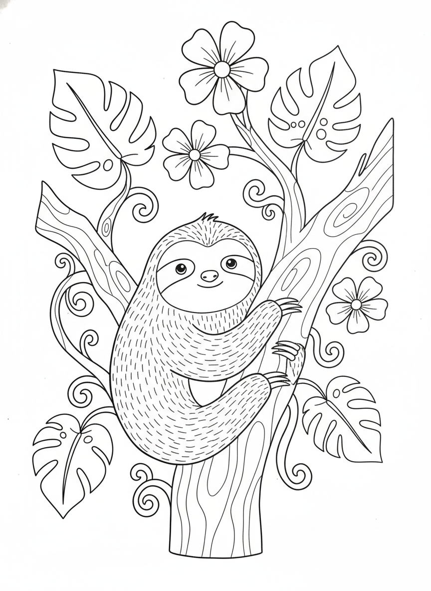 Página para Colorir Preguiça Fofa no Galho para Crianças - Preguiça Desenho para Colorir com Fácil de Colorir e Crianças - Desenho de Contorno Grátis Imprimível