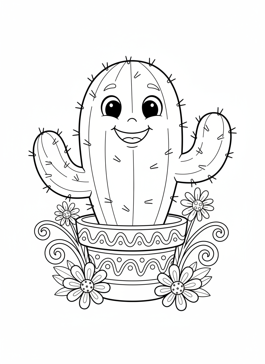 Cute Smiling Cactus Coloring Page for Kids - Cactus Coloring Page featuring Children and Cactus Plant - Free Printable Outline Drawing for Kids
