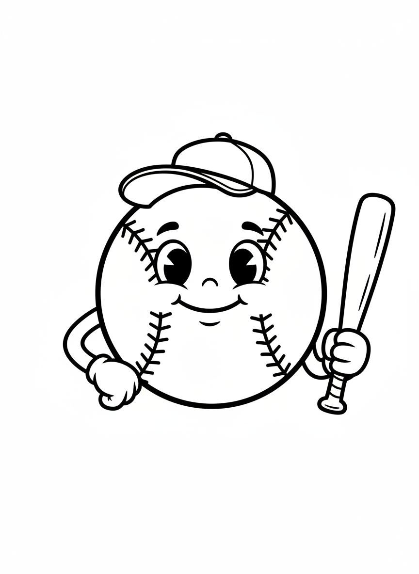 Cute Smiling Cartoon Baseball Player Coloring Page for Kids - Sports Player Coloring Page featuring Happy and Children - Free Printable Outline Drawing for Kids