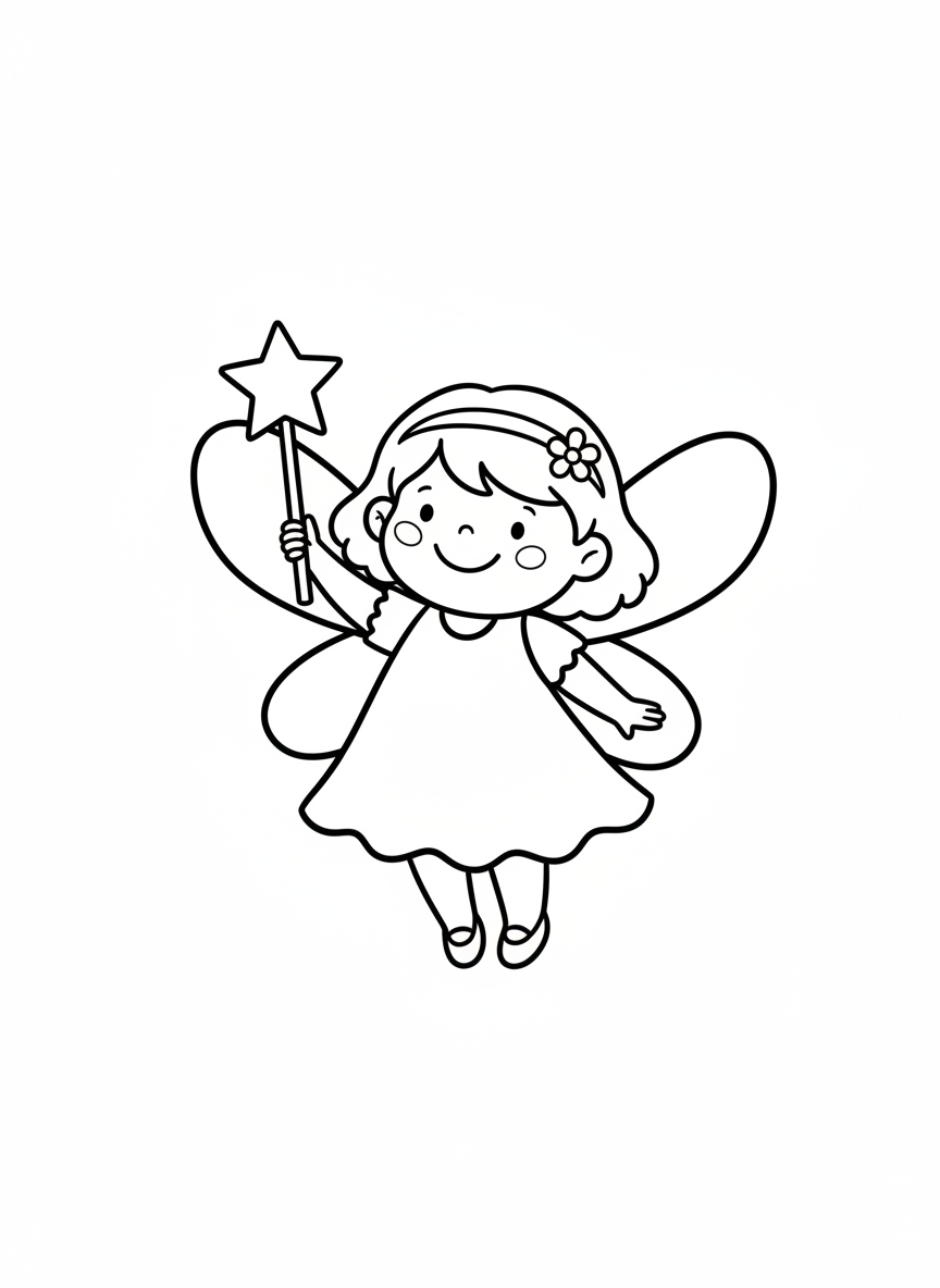 Cute Smiling Fairy with Magic Wand Coloring Page for Kids - Fairy Coloring Page featuring Children and Cute - Free Printable Outline Drawing for Kids
