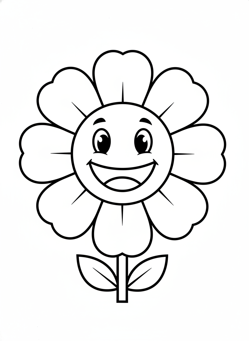 Cute Smiling Flower Coloring Page for Toddlers and Preschoolers - Flowers Coloring Page featuring Nature and Children - Free Printable Outline Drawing for Kids