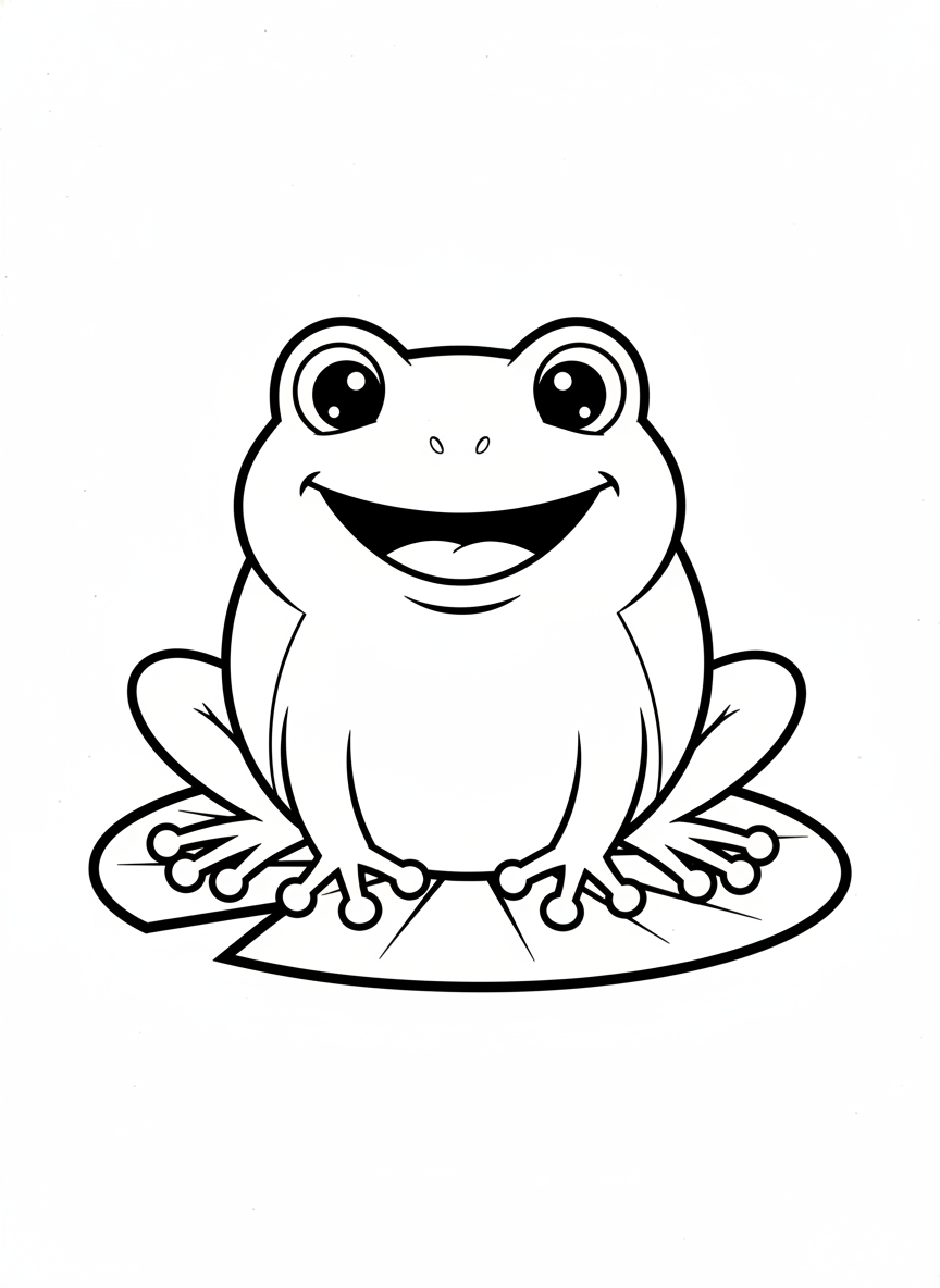 Cute Smiling Frog on Lily Pad Coloring Page for Kids - Frog Coloring Page featuring Nature and Children - Free Printable Outline Drawing for Kids