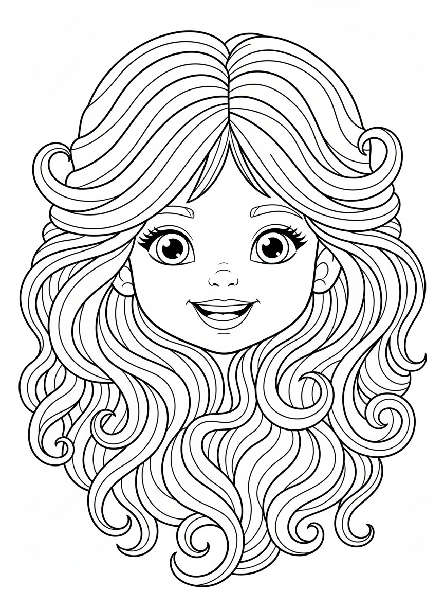 Cute Smiling Girl's Face Coloring Page for Kids - Child Coloring Page featuring Cute and Children - Free Printable Outline Drawing for Kids