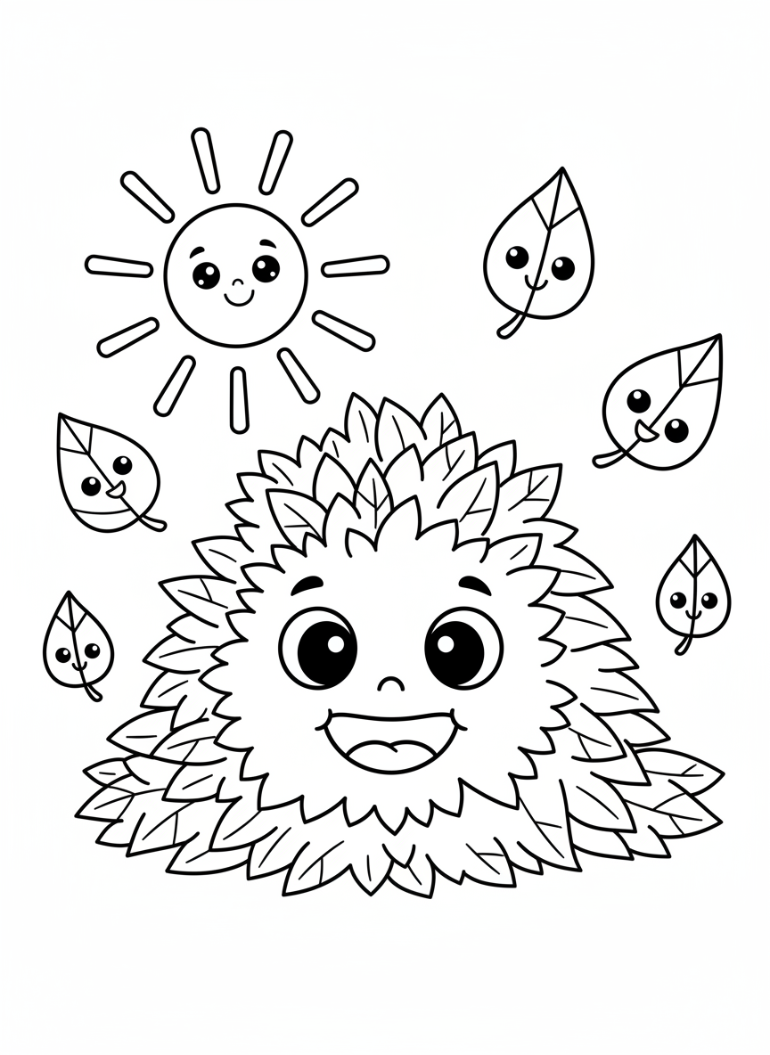 Cute Smiling Leaf Pile & Sun Coloring Page for Kids - Autumn Coloring Page featuring Cute and Leaves - Free Printable Outline Drawing for Kids