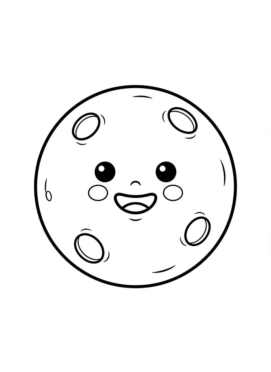 Página de Colorir Lua Sorridente para Crianças - Espaço e Planeta Desenho para Colorir com Fácil de Colorir e Crianças - Desenho de Contorno Grátis Imprimível