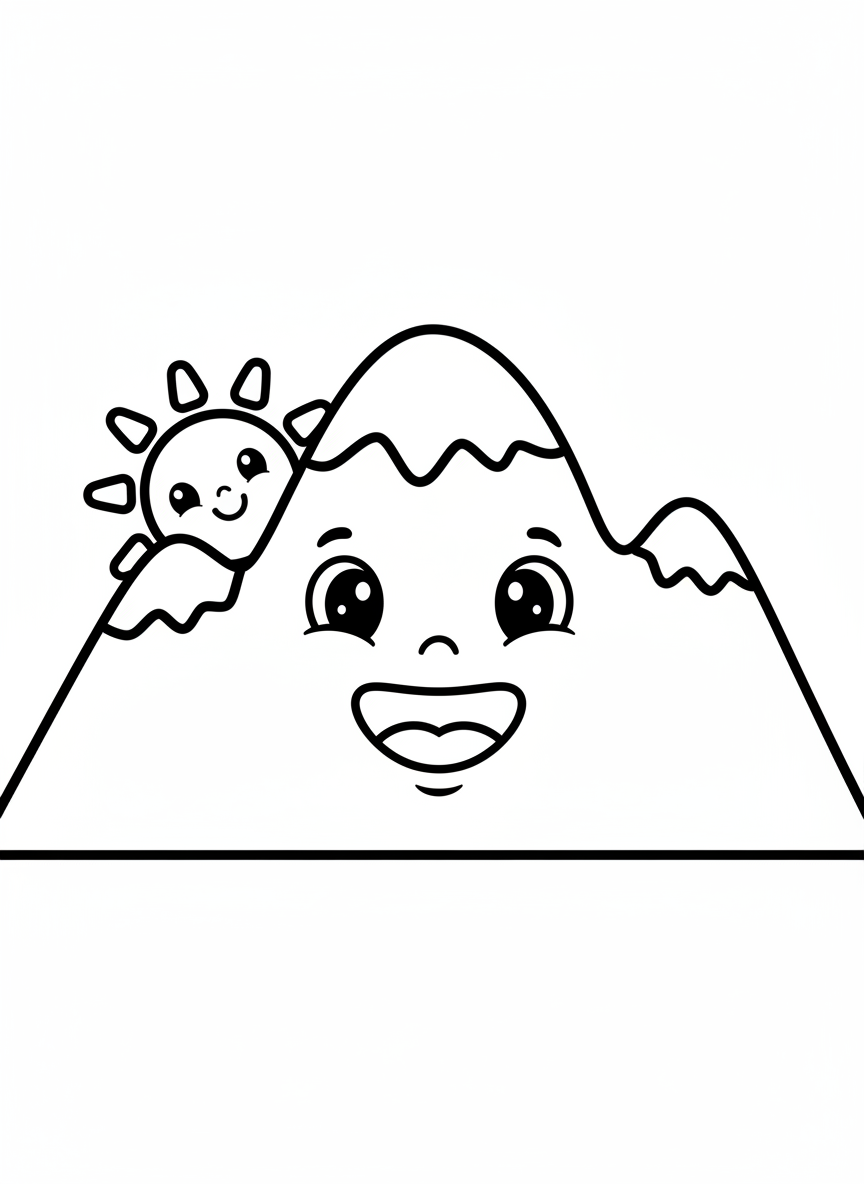 Süßer lächelnder Berg & Sonne Malvorlage für Kinder - Landschaft Malvorlage mit Natur und Kinder - Kostenlose Druckbare Umrisszeichnung