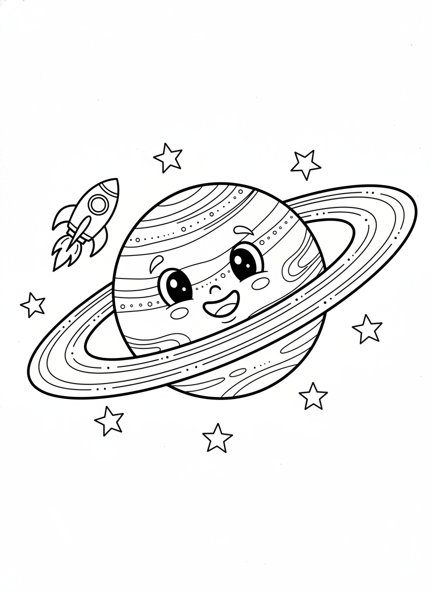 微笑星球與太空火箭兒童塗色頁 - 宇宙與行星 著色頁 簡單、兒童 - 免費可列印輪廓畫
