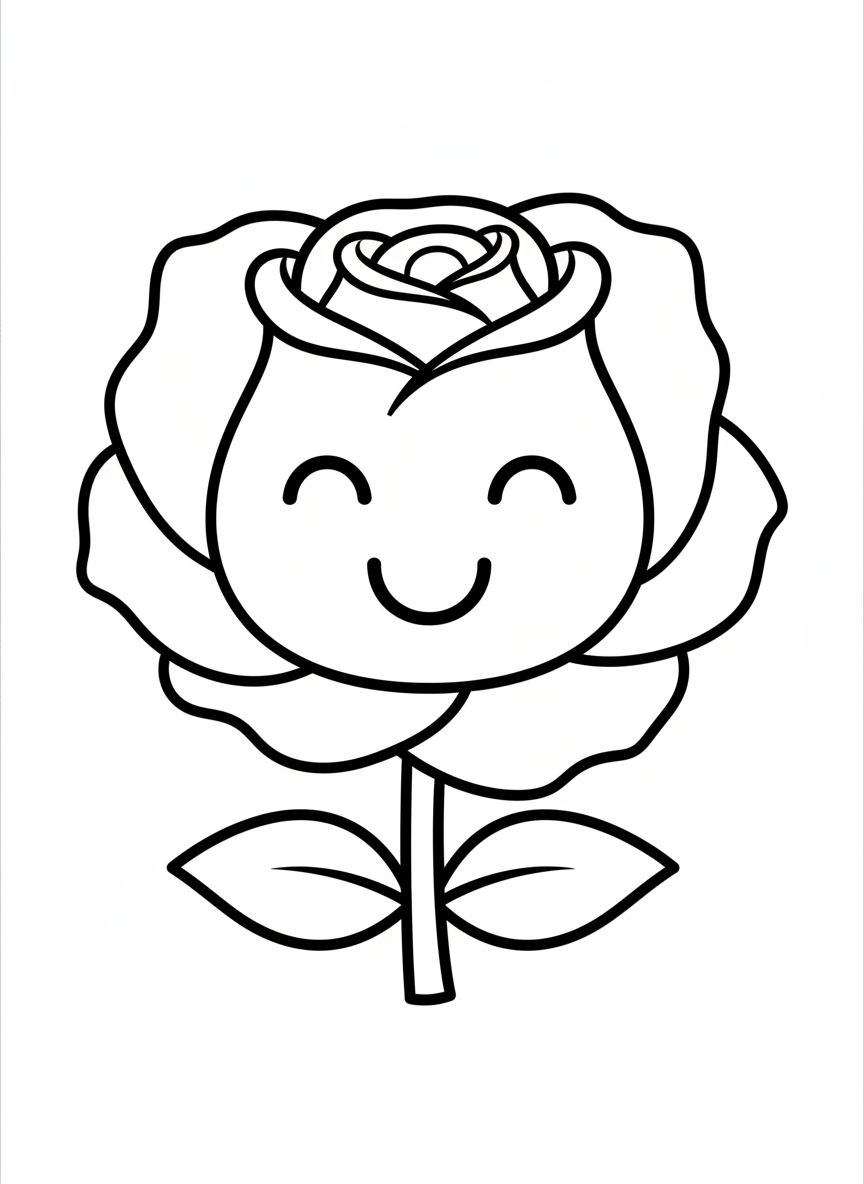 Cute Smiling Rose Flower Coloring Page for Kids (Ages 3-5) - Flowers Coloring Page featuring Nature and Children - Free Printable Outline Drawing for Kids