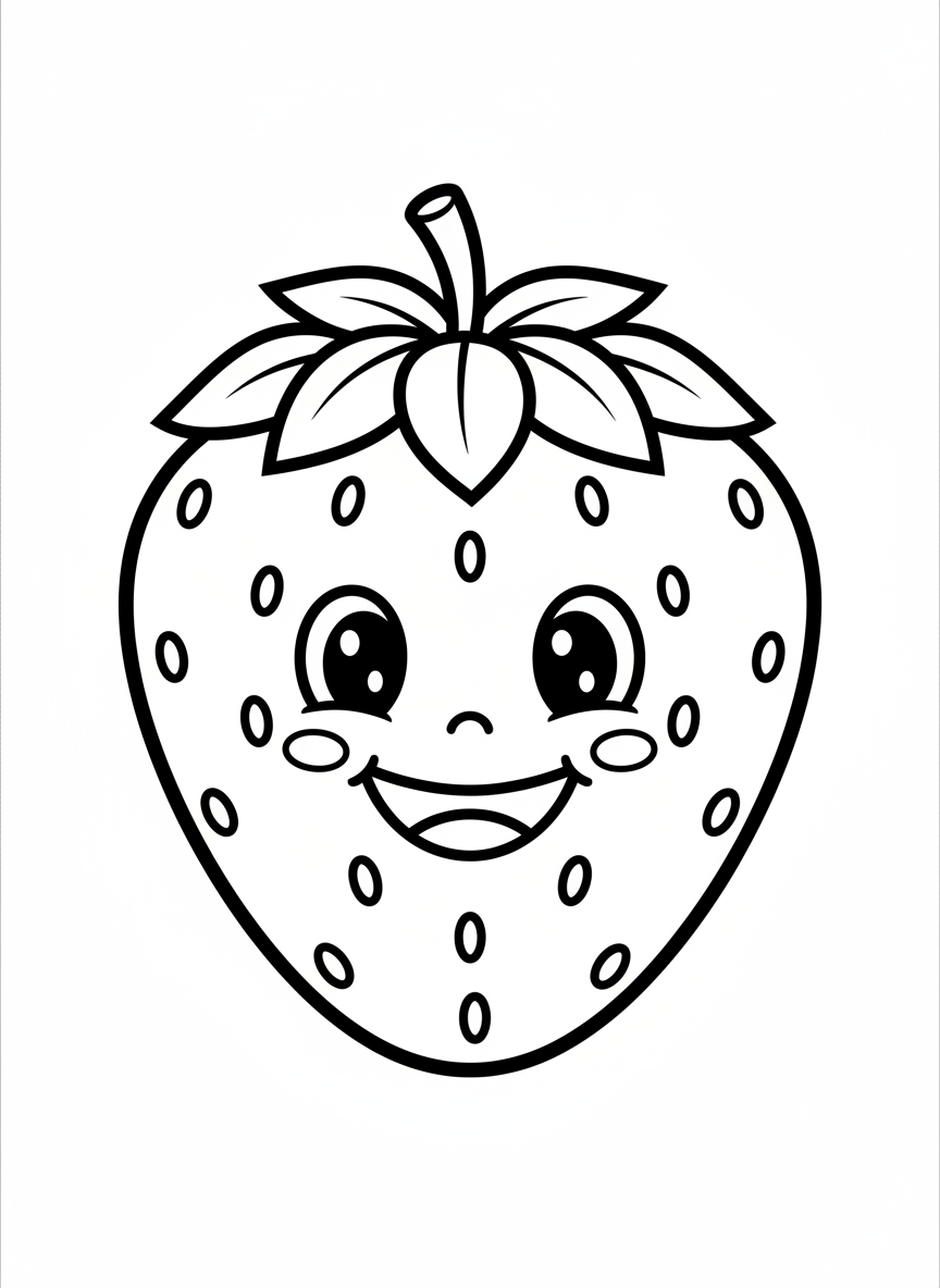 かわいい笑顔のイチゴ塗り絵 - 果物 ぬりえページ 塗りやすいと子供 - 無料印刷可能な輪郭画