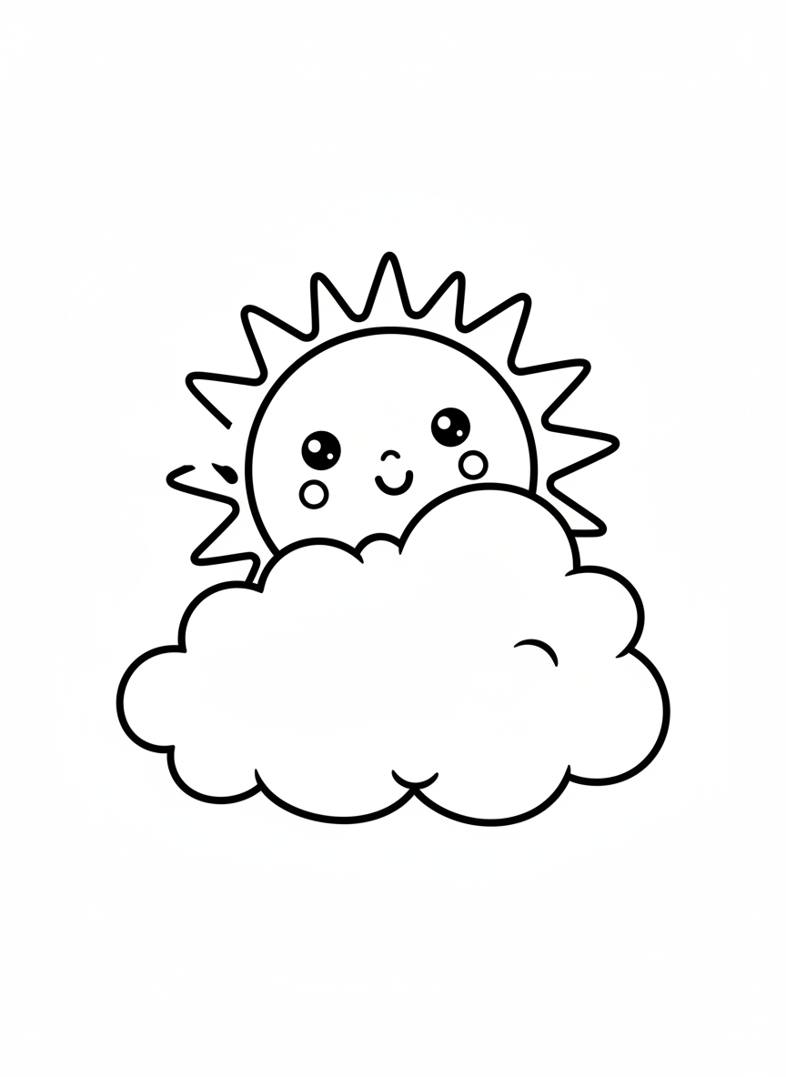 Sol Sorridente e Nuvem: Página de Colorir Fácil para Crianças - Sol Desenho para Colorir com Crianças e Fofo - Desenho de Contorno Grátis Imprimível