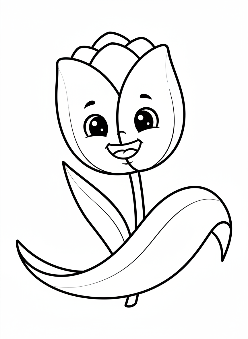 Süße lachende Tulpen-Malvorlage für Kinder - Blumen Malvorlage mit Kinder und Niedlich - Kostenlose Druckbare Umrisszeichnung